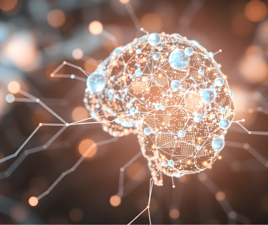 Digital rendering of an abstract human brain made of glowing networks and data nodes