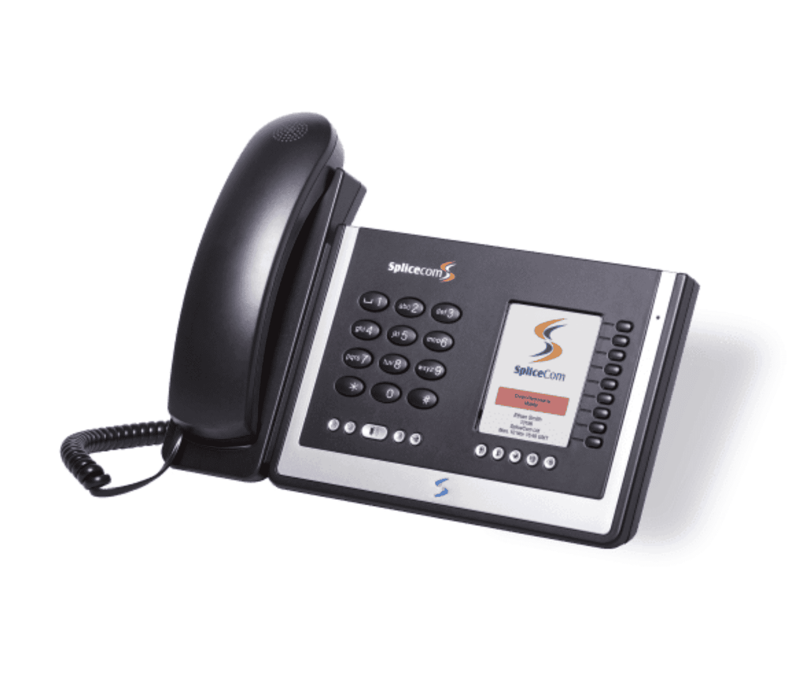 Splicecom business desk phone with handset, keypad and colour display showing call interface