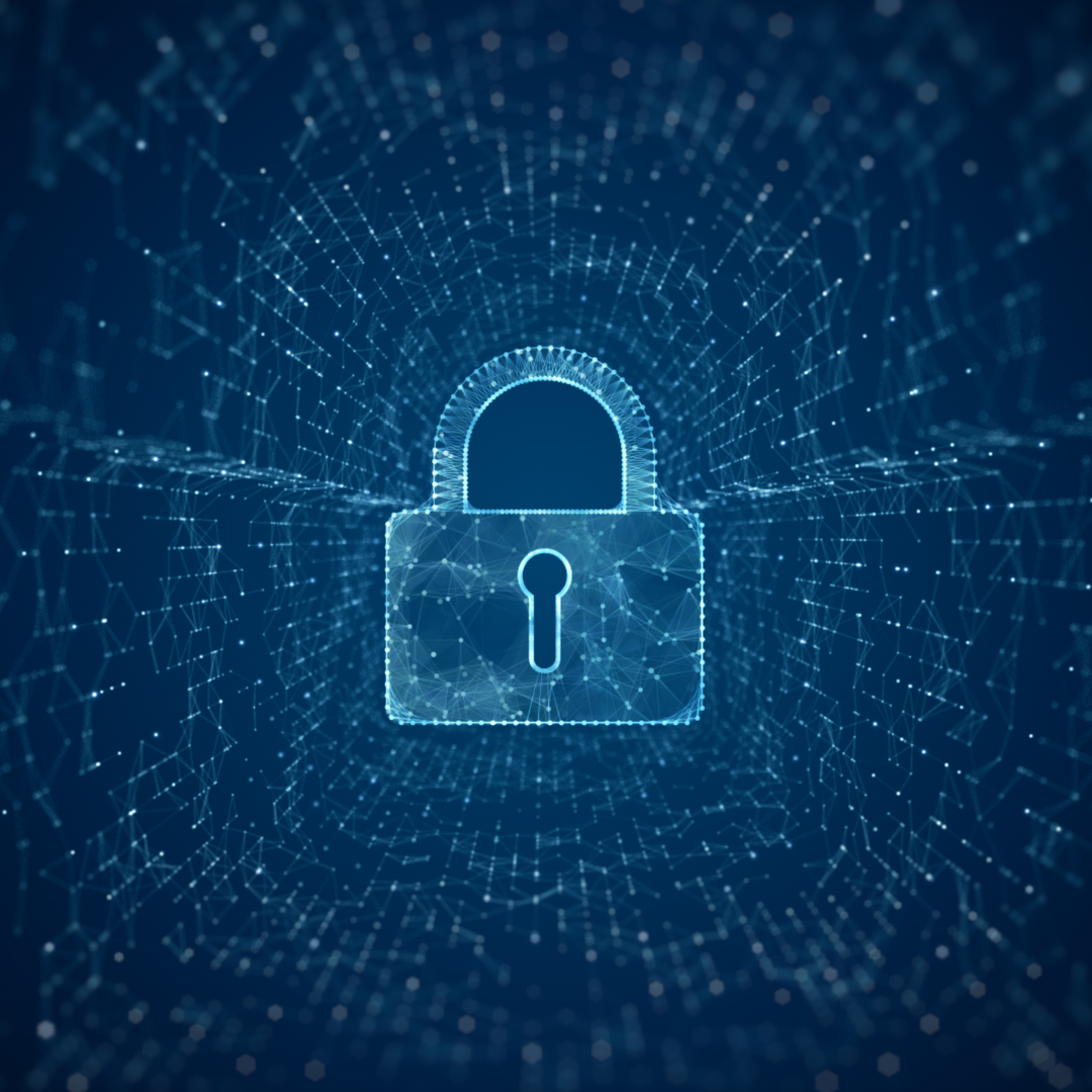 Digital padlock icon surrounded by connected network lines and glowing data points, representing cybersecurity management and secure IT protection.