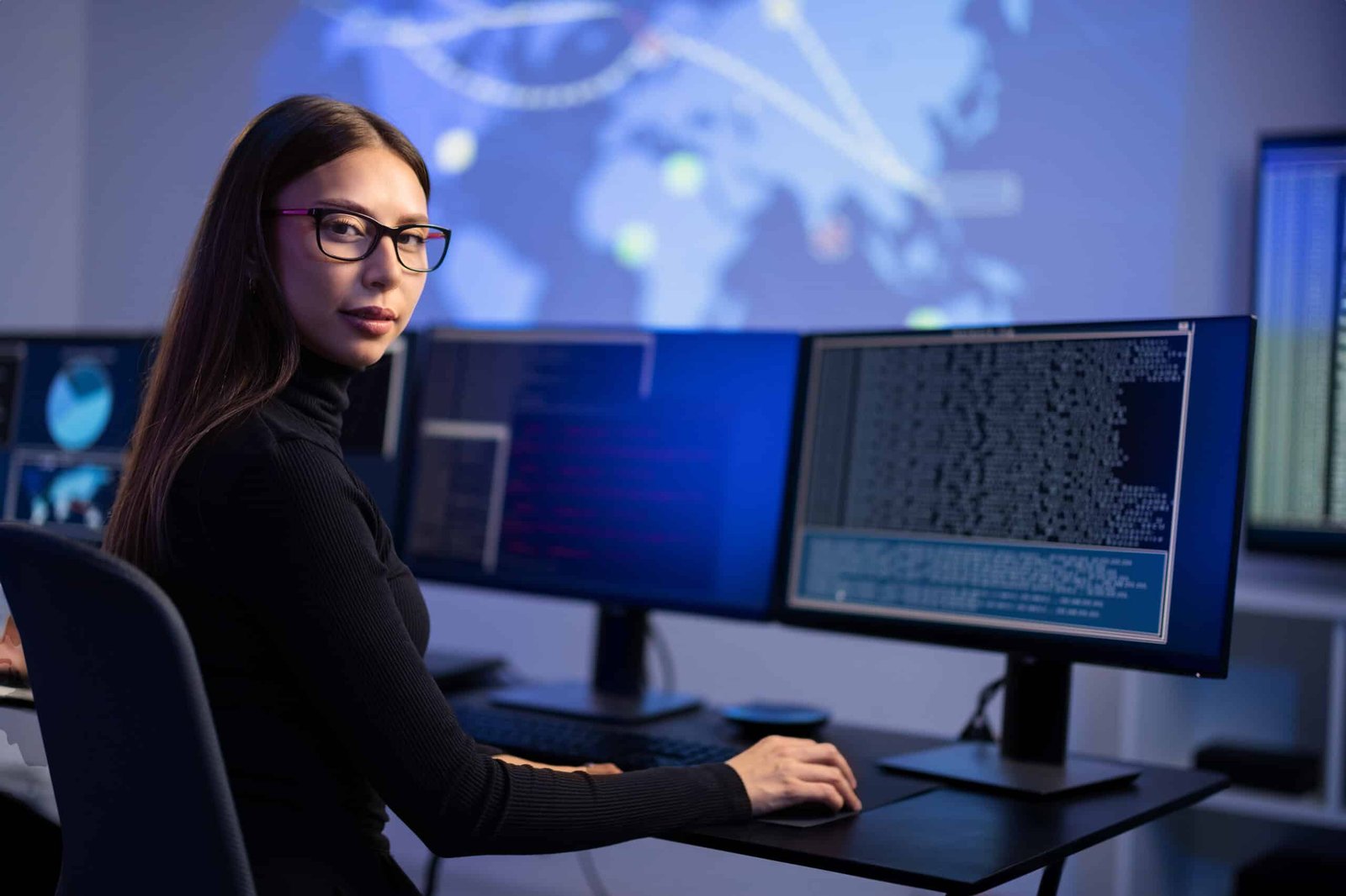 A agent looking at two PC screens for dark web monitoring