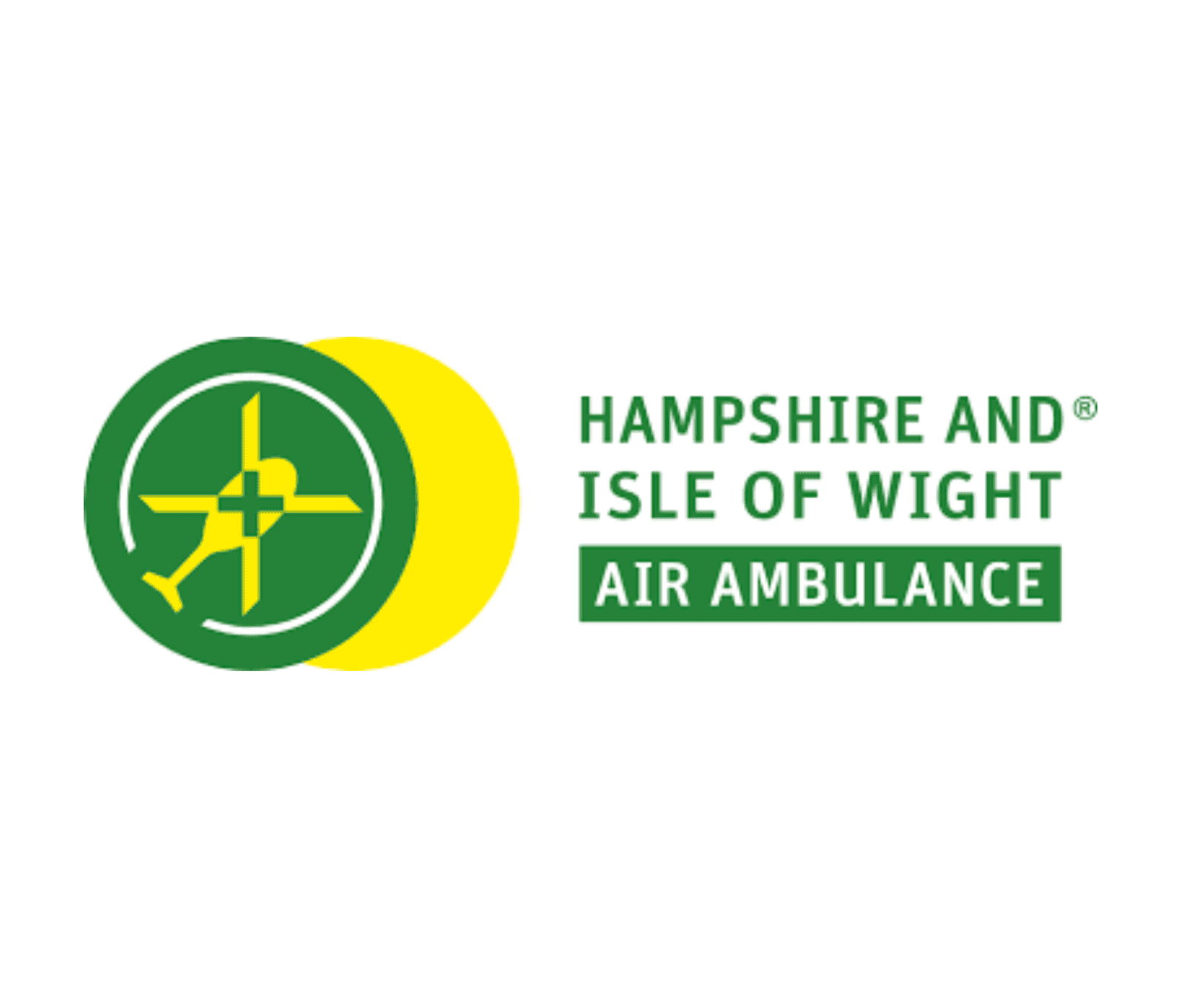 Logo of Hampshire and Isle of Wight Air Ambulance, featuring a helicopter symbol within a green and yellow circular design alongside the organisation name.