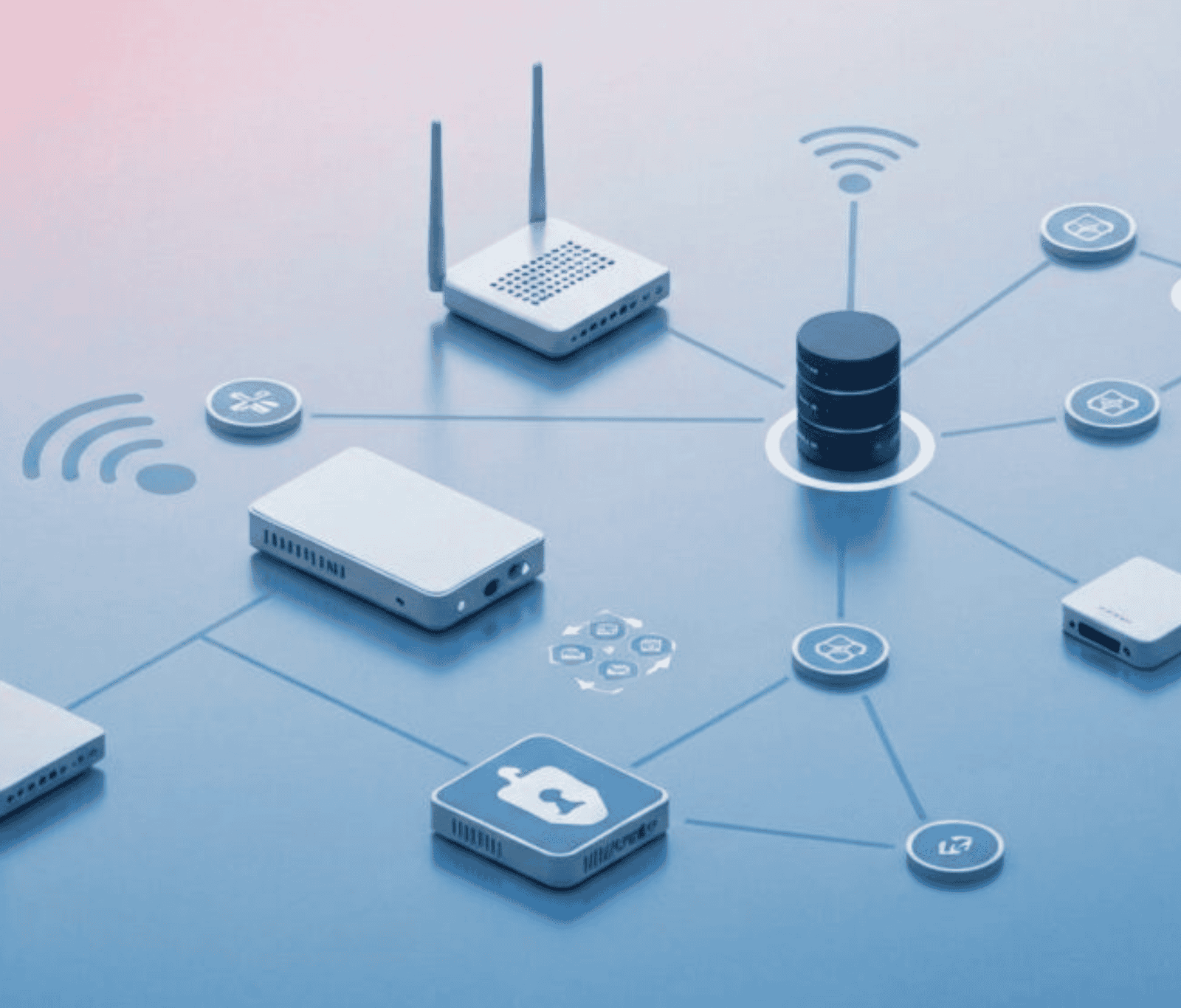 great and now alt text for this iage on the same page please Diagram of interconnected network devices including routers, servers and wireless access points, illustrating switching and routing across a secure, integrated IT infrastructure.