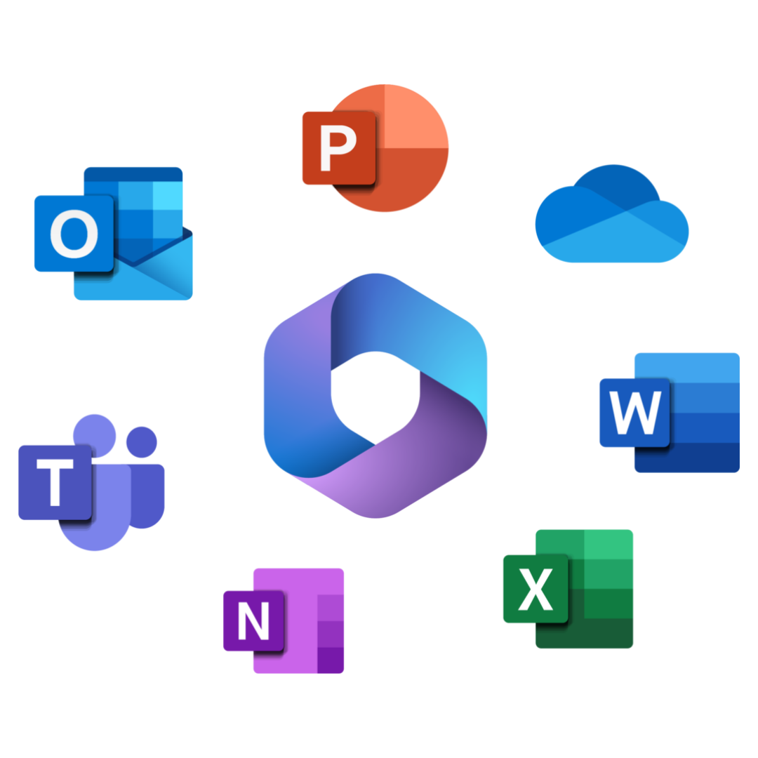 Microsoft 365 logo surrounded by app icons including Outlook, Teams, OneNote, PowerPoint, OneDrive, Word and Excel, representing connected cloud productivity tools.