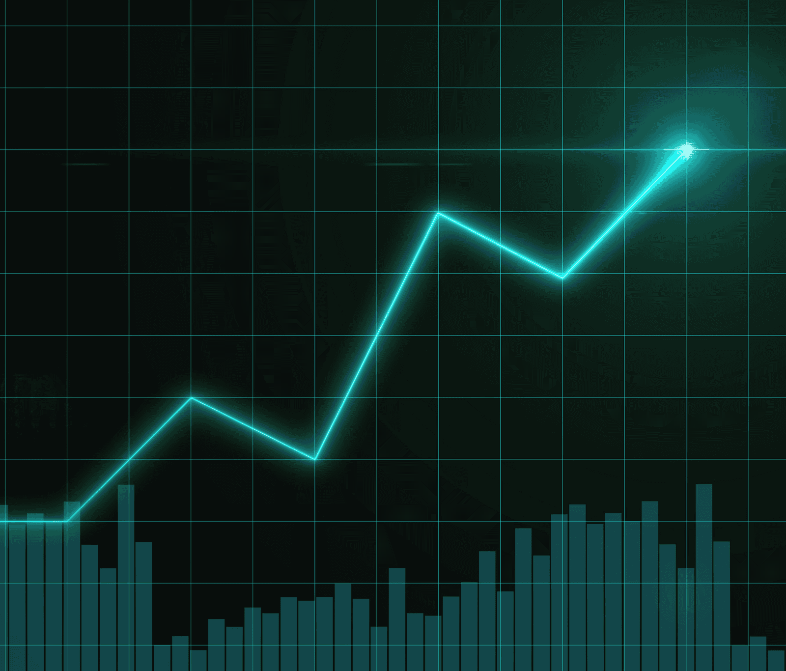 Glowing line graph trending upward over a grid with bar chart data below, illustrating growth in mobile network usage and performance across LAN security and connectivity solutions.