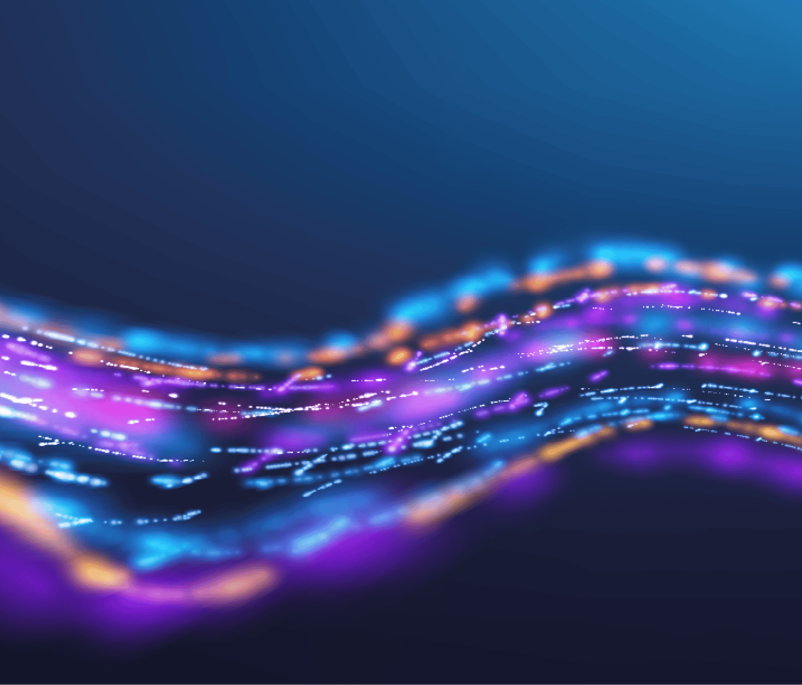 Abstract visual of flowing digital data streams in blue, purple, and orange light trails, representing fast 4G and 5G connectivity and high-speed network performance.