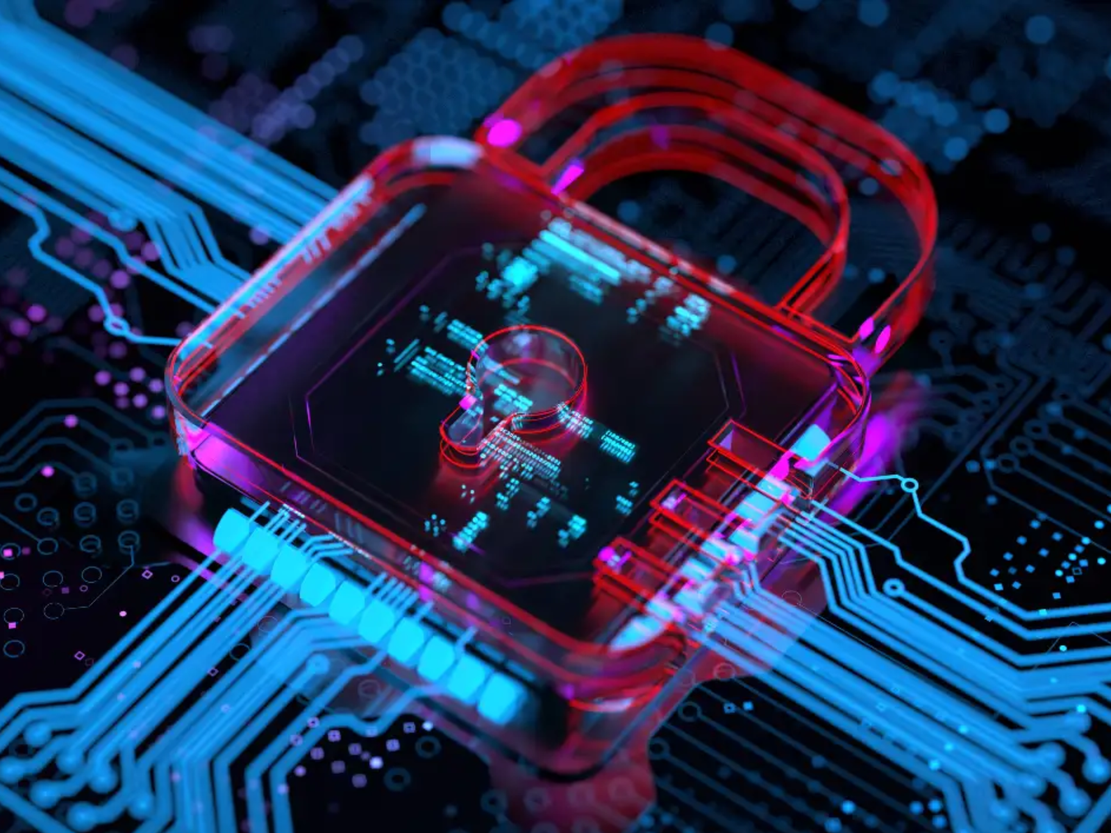 Digital padlock over a circuit board representing phishing protection and online security