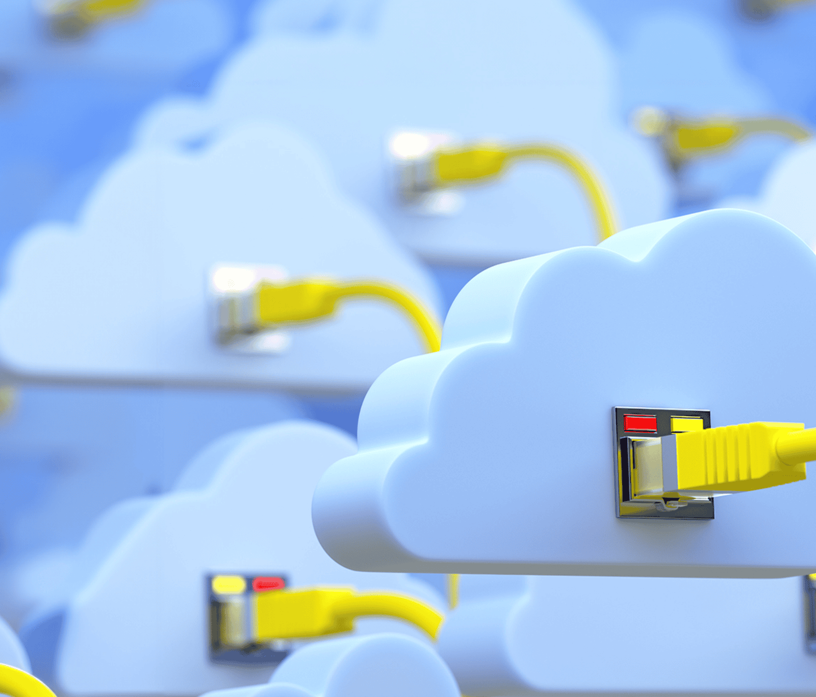 Illustration of cloud computing with multiple cloud icons connected by Ethernet cables, representing network connectivity and cloud-based infrastructure.