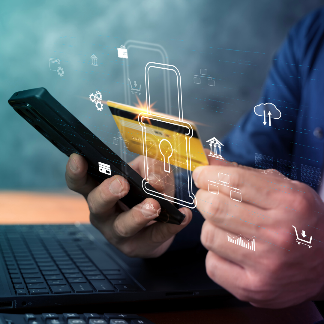 Someone holding phone making a payment securely