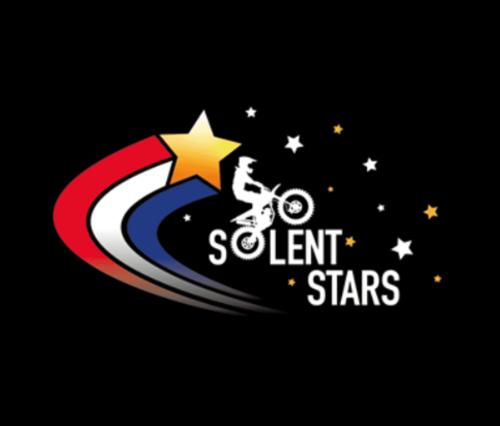 Logo of Solent Stars, featuring a motocross rider performing a stunt beneath a shooting star with red, white, and blue swooshes and star elements on a black background.