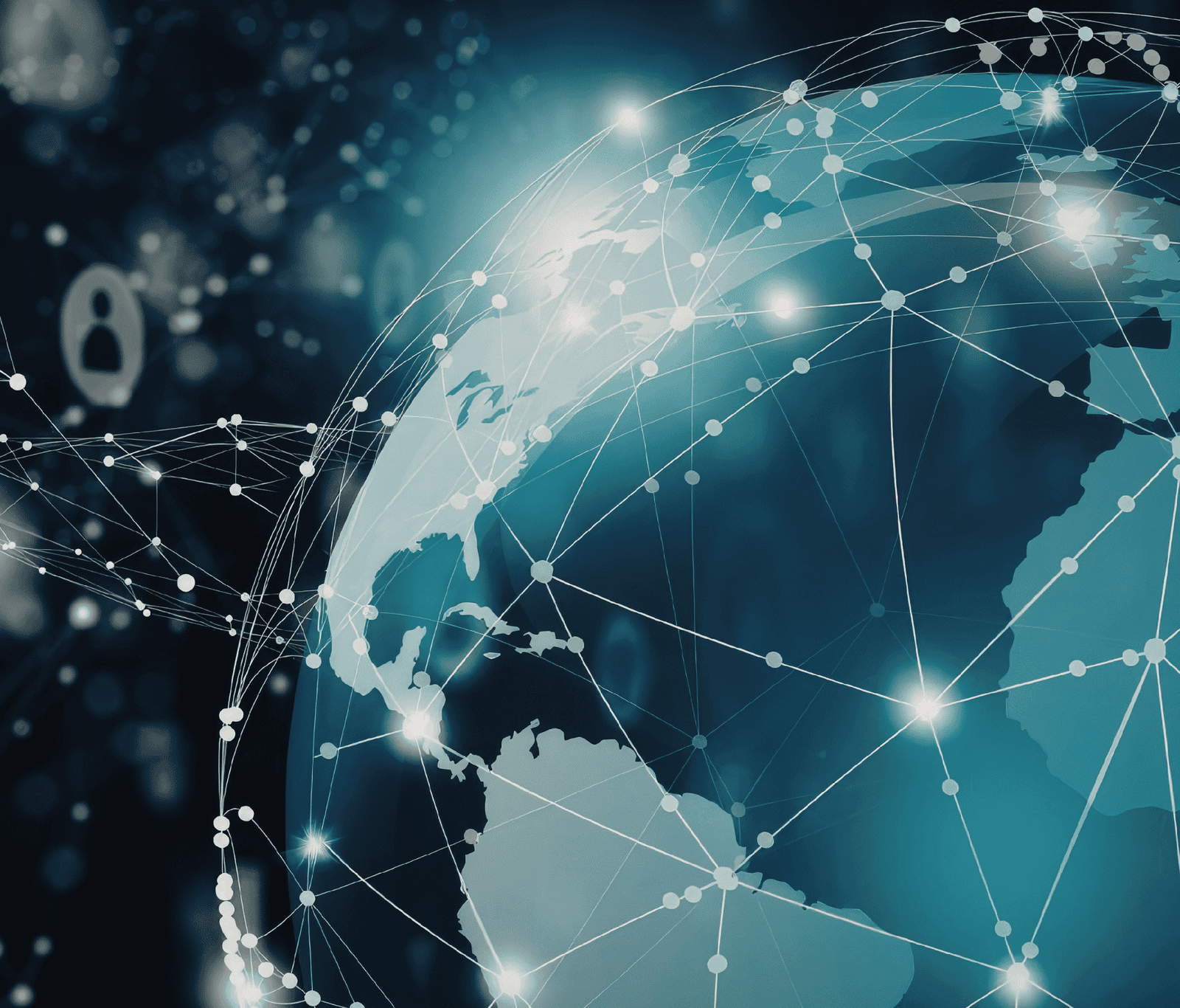 Digital globe with interconnected nodes and network lines spanning continents