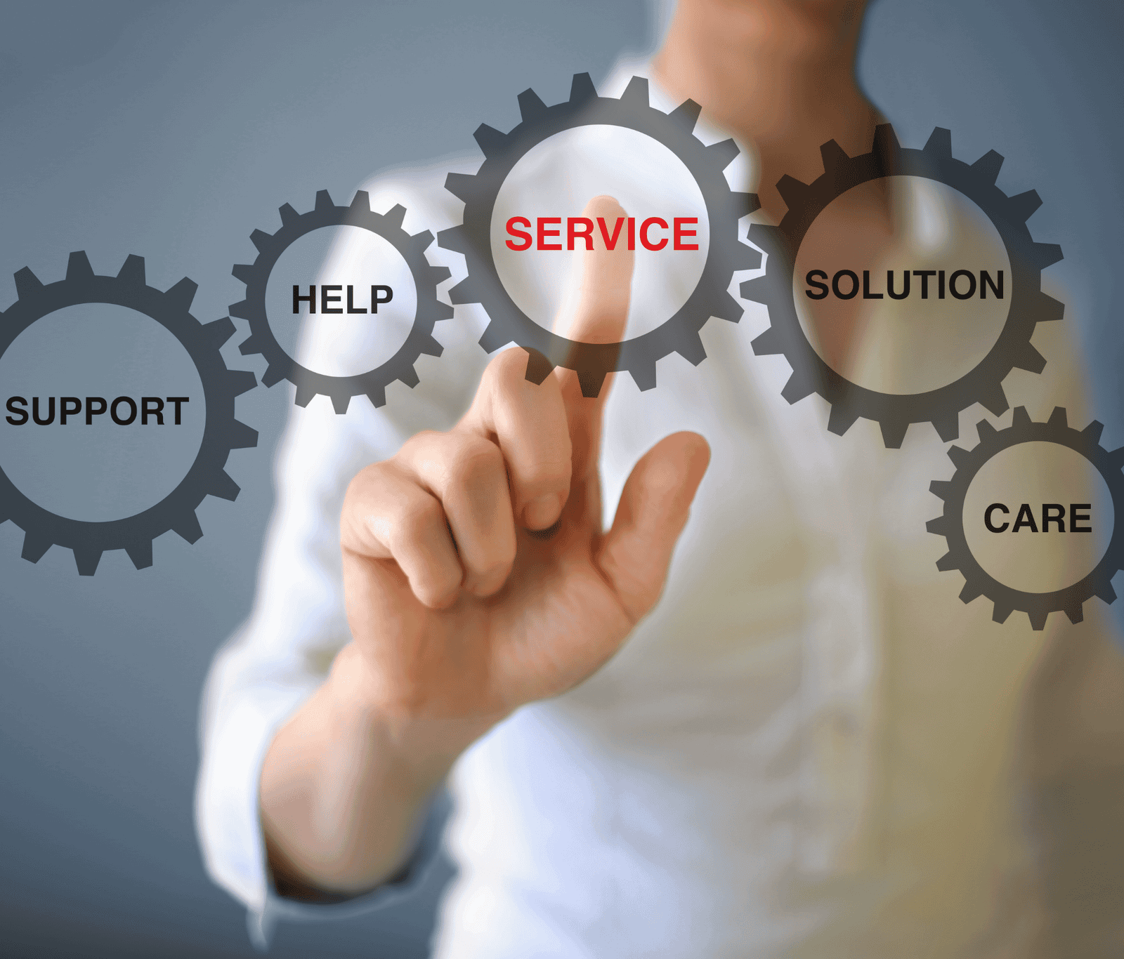 Person pressing a virtual gear icon labelled “service”, surrounded by icons for support, help, solution, and care, representing customer service and business solutions.